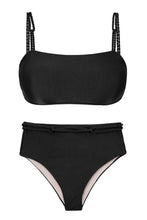 Cargar imagen en el visor de la galería, Product Front: Rio De Sol Conjunto Set Shimmer-Black Bandeau-Reto Hotpants