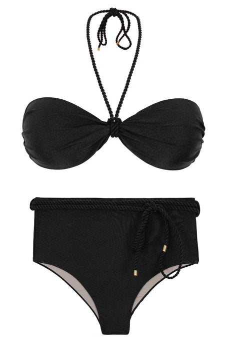 Product Front: Rio De Sol Conjunto Set Shimmer-Black Twist Belted-High-Waist