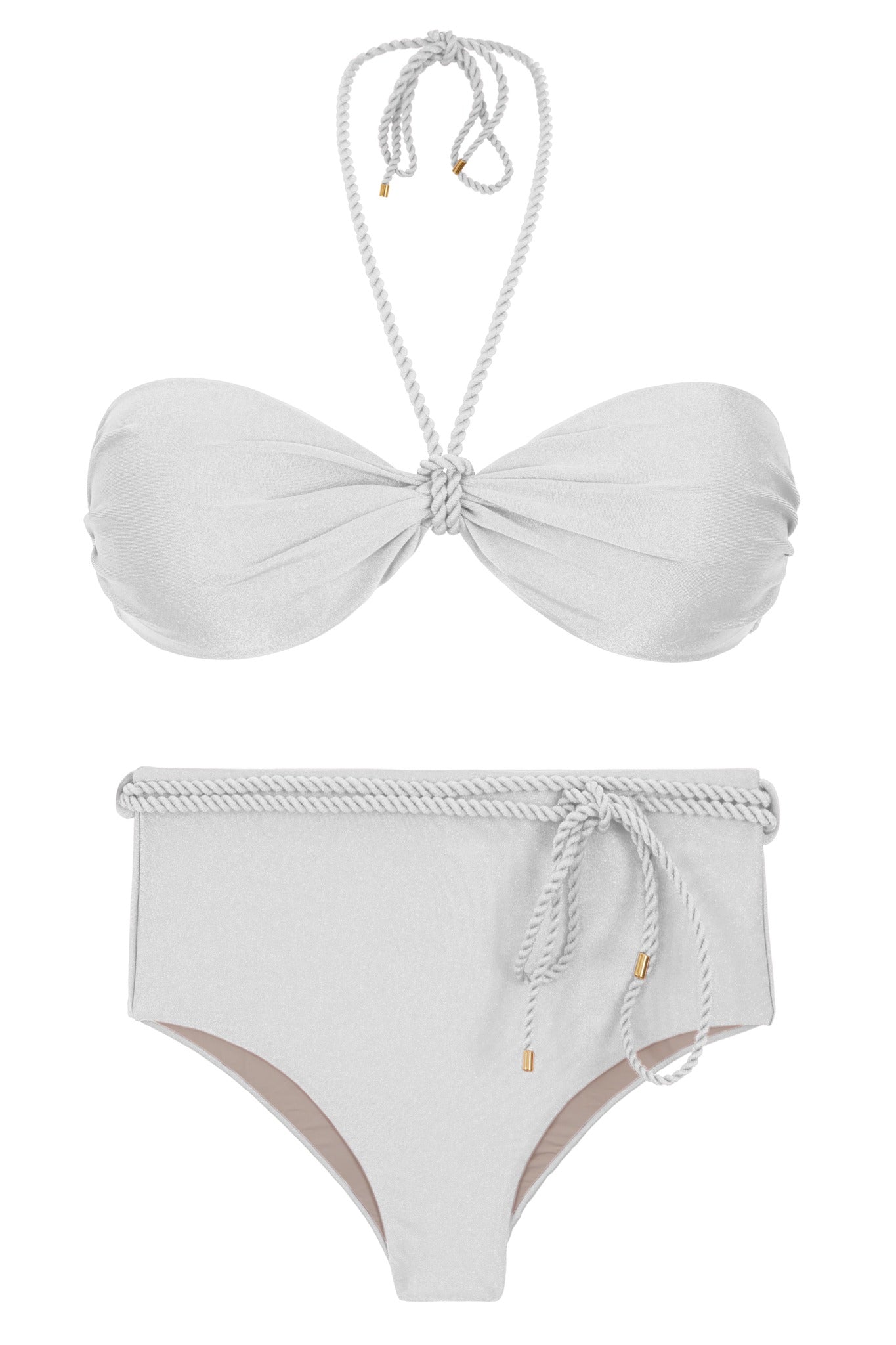 Product Front: Rio De Sol Conjunto Set Shimmer-White Twist Belted-High-Waist